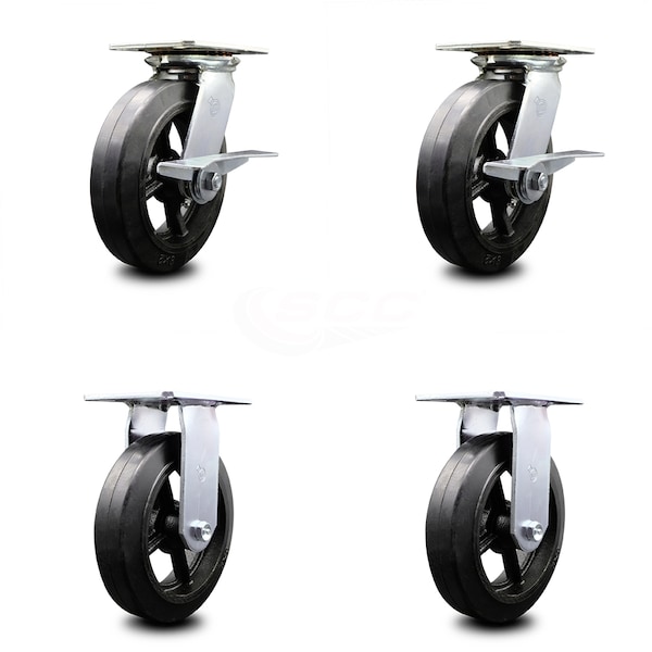 8 Inch Rubber on Steel Caster Set with Ball Bearing 2 Brakes and 2 Rigid SCC